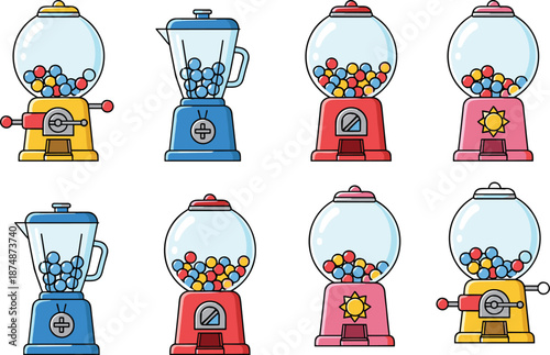 Colorful gumball machine and candy dispenser vector set with cute cartoon vending machines isolated on white background