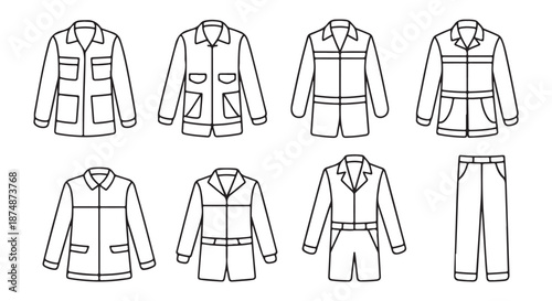 Collection of Work Uniforms and Pants Icons. Jackets, Overalls, and Trousers.