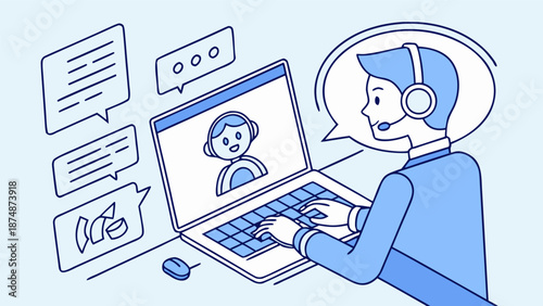 AI chat assistant concept showing AI-powered customer support and business process automation, businessperson using laptop with virtual assistant.