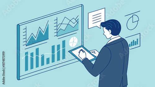Data analytics concept featuring KPI visualization, graphs, and statistical reports, businessperson reviewing performance metrics on tablet.