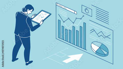 Data analysis and business intelligence concept showing KPI visualization, graphs and statistical reports, businessperson viewing analytics dashboard on tablet.