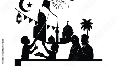 A family celebrates a festive occasion with a beautiful mosque in the background