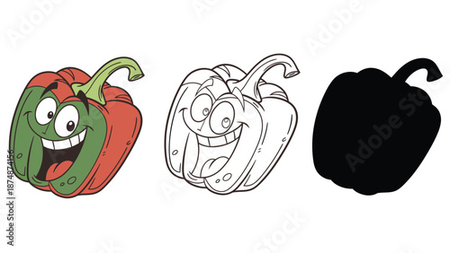 A colorful illustration of three smiling peppers in different stages of completion