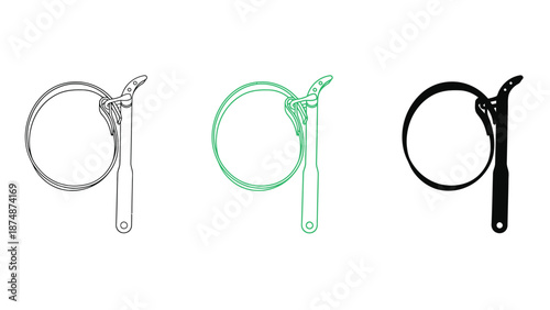 Three metal cable ties in different colors on a white background