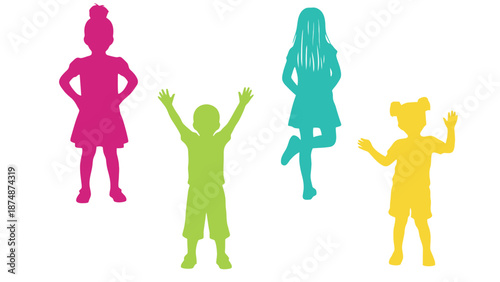 Colorful silhouettes of happy children playing together in a playful scene