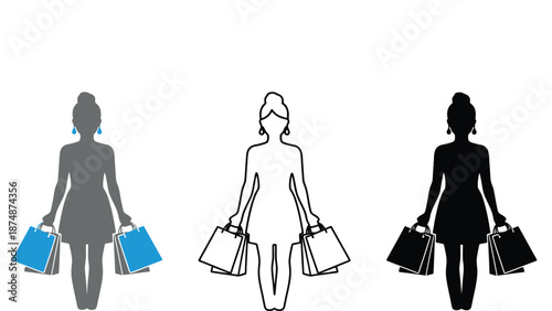 Three silhouettes of women carrying shopping bags in different colors and styles