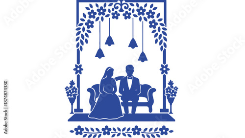 A blue silhouette of a couple sitting on a couch with flowers