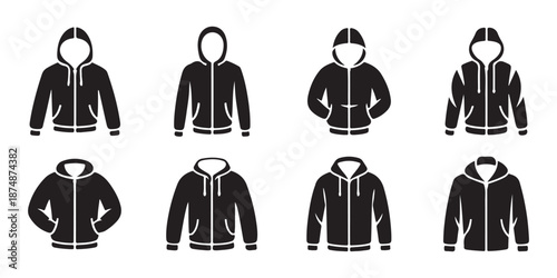 Collection of black hooded sweatshirts with zippers and pockets.