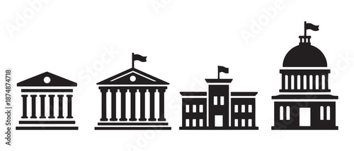 Iconic representation of government and official buildings with classical and modern architectural styles.