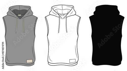 Three sleeveless hooded sweatshirts in different colors on a white background