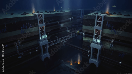 Industrial cranes in a dark yard.