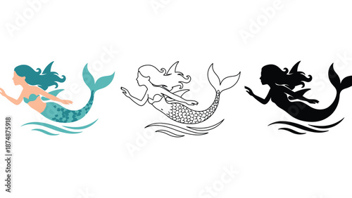 Three mermaid silhouettes swimming in different styles and colors underwater