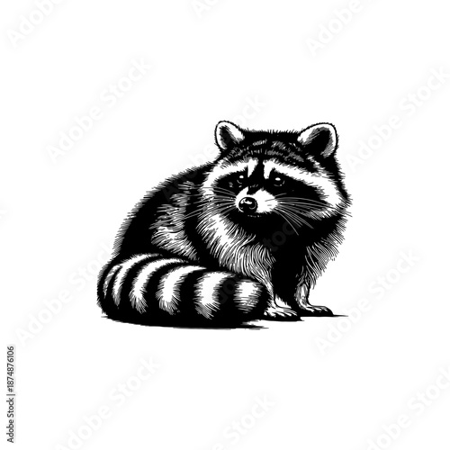 A black and white drawing of a raccoon sitting on the ground