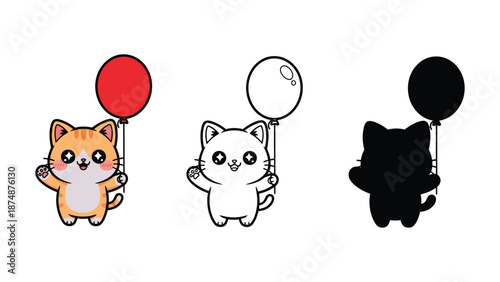 Three cartoon cats holding balloons in different colors and styles together