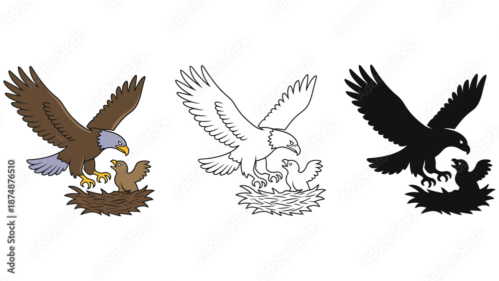 Fototapeta premium A mother eagle protects her young in a nest with three variations