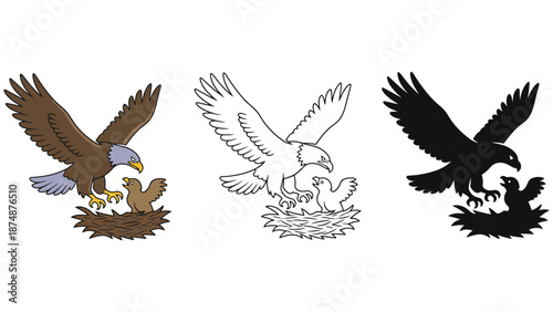 A mother eagle protects her young in a nest with three variations