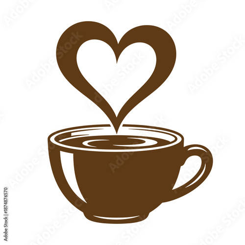 grunge drawing Vintage Brown coffee cup with heart shaped steam rising  love and beverage concept