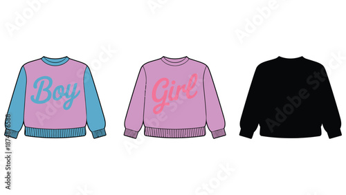 A set of colorful baby announcement sweatshirts on a white background