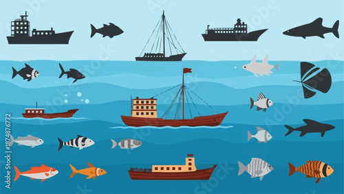 Collection of various ships and fish in the ocean.