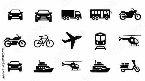 Collection of various transportation vehicle icons in black silhouette.
