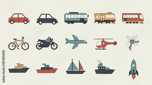 Collection of various transportation vehicles and modes of travel.