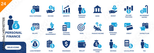 Personal finance icon. Includes income tracking, credit, retirement saving, debt, wallet, passive income. Solid vector icon set.
