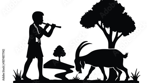A boy plays a flute while a goat grazes in a serene natural setting.