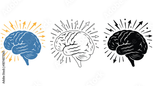 Three brain illustrations with creative ideas and inspiration concept