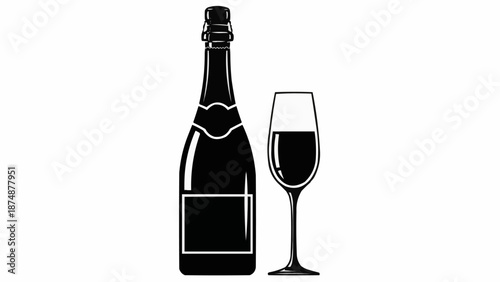Champagne bottle and glass silhouette isolated on white background.