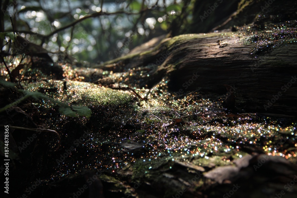 Obraz premium A dense forest floor where a fallen log is covered in mold, releasing spores that shimmer like glitter in the sunlight.