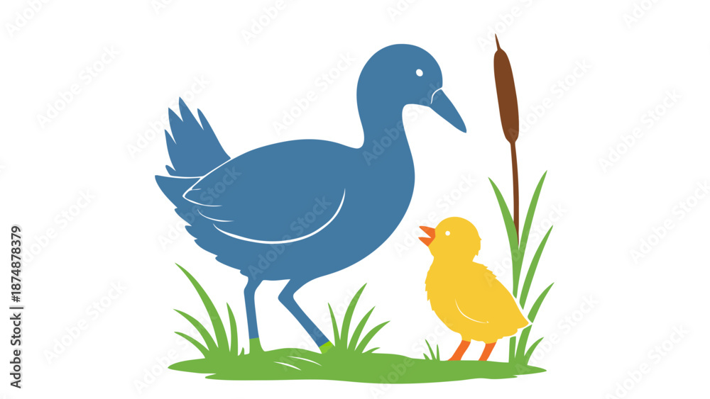 Fototapeta premium A mother duck and her little yellow duckling in a green meadow