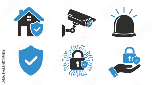 A collection of security icons including locks, shields, and cameras on a white background
