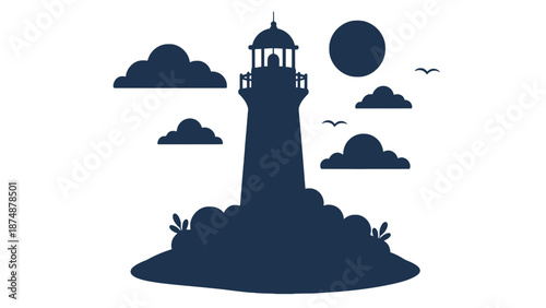 A dark blue silhouette of a lighthouse on a small island with clouds and birds