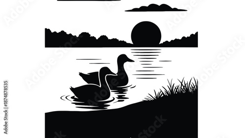 A serene black and white illustration of ducks at sunset