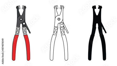 An illustration of three different colored needle nose pliers on a white background