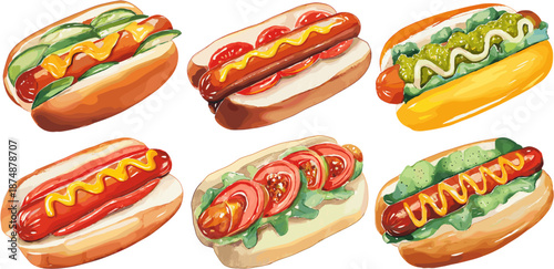 sets of watercolor hot dog on white background with different patterns, flat design vector graphics