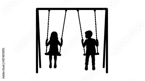 A silhouette of a boy and girl swinging on a playground swing set