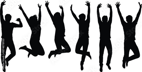 Silhouettes of six people jumping with raised arms, expressive celebration poses, black and white graphic, transparent background, joyful motion illustration