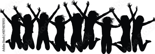 Silhouettes of ten people jumping with raised arms, joyful celebration pose, black and white graphic, transparent background, energetic motion illustration