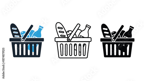 Three shopping baskets filled with bread and bottles on a white background