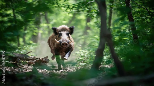 ferocity. A wild boar charging through dense forest undergrowth, its tusks scraping against tree bark in dappled sunlight. wildlife magazines.
