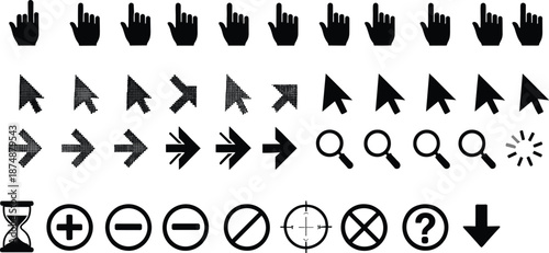Cursor and pointer icon set with arrows, hands, loading symbols, zoom tools, and UI indicators for digital interfaces