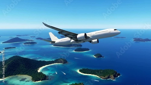 Wallpaper Mural Side Profile Of White Airbus A350 Flying Over Tropical Islands And Blue Ocean, Wide-body Passenger Airplane Cruising In Exotic Destination, Travel And Tourism Concept Commercial Aviation Flight Torontodigital.ca