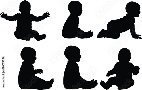 Baby silhouette collection showing sitting and crawling poses, infant development stages, early childhood milestones, black silhouettes, isolated white background