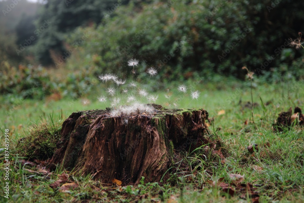 Obraz premium A rotting tree stump in a meadow, with spores puffing out like a tiny geyser.