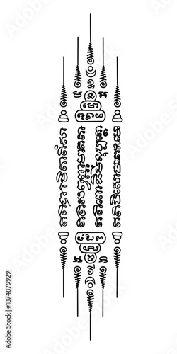 Sacred Thai Sak Yant tattoo design, Yan Baramee Sip Thit. Traditional Khom script calligraphy with Unalome symbols. Buddhist spiritual protection and luck amulet art.