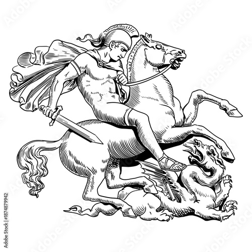 Classic engraving style illustration of Saint George on horseback slaying a dragon. Traditional line art depicting the legendary medieval battle of hero against monster.