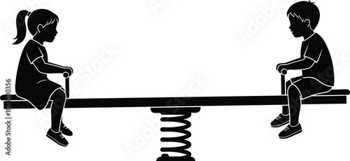 seesaw, children, balance, silhouette, vector, illustration, black, white, playground, physics, torque, motion, spring, outdoor, activity, mechanical, concept, design, graphic, fun