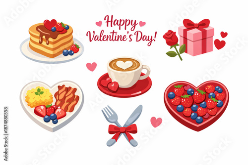 Valentine’s Day Surprise Breakfast Flat Icon Set with Pancakes, Berries, and Heart Plates