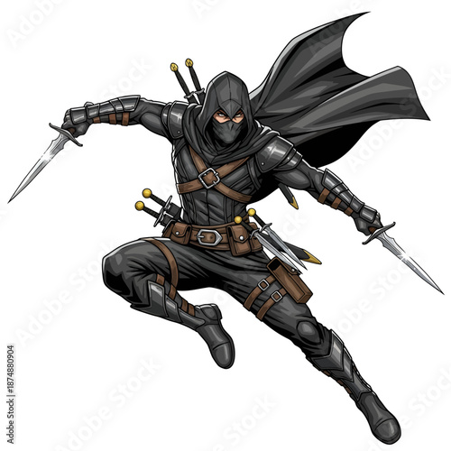 Ninja warrior in black costume with swords in dynamic pose